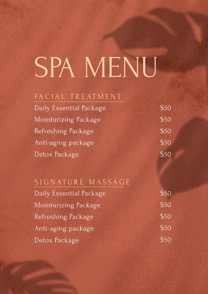 Spa menu poster template, editable text & design