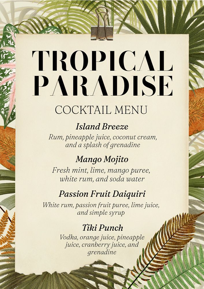 Cocktail menu poster template, editable text & design