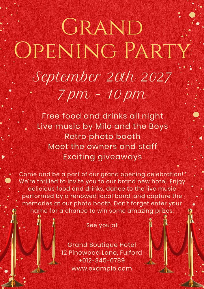 Grand opening party poster template, editable text and design