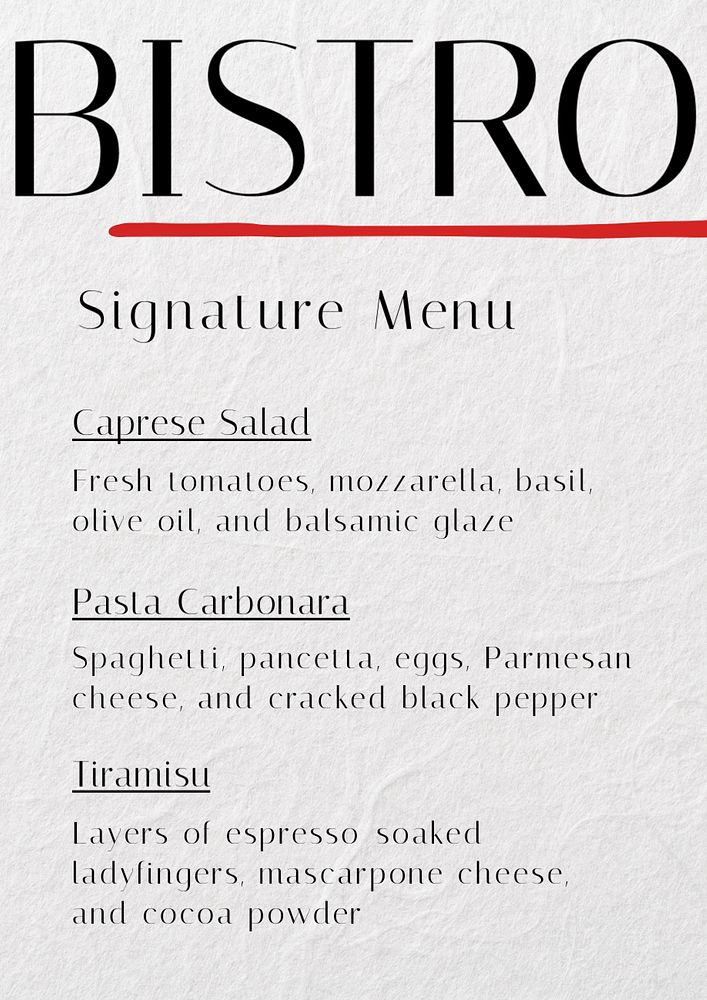 Signature menu poster template, editable text and design