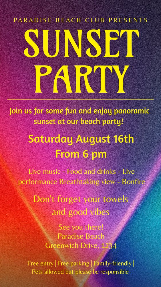 Sunset party Instagram story template, editable text