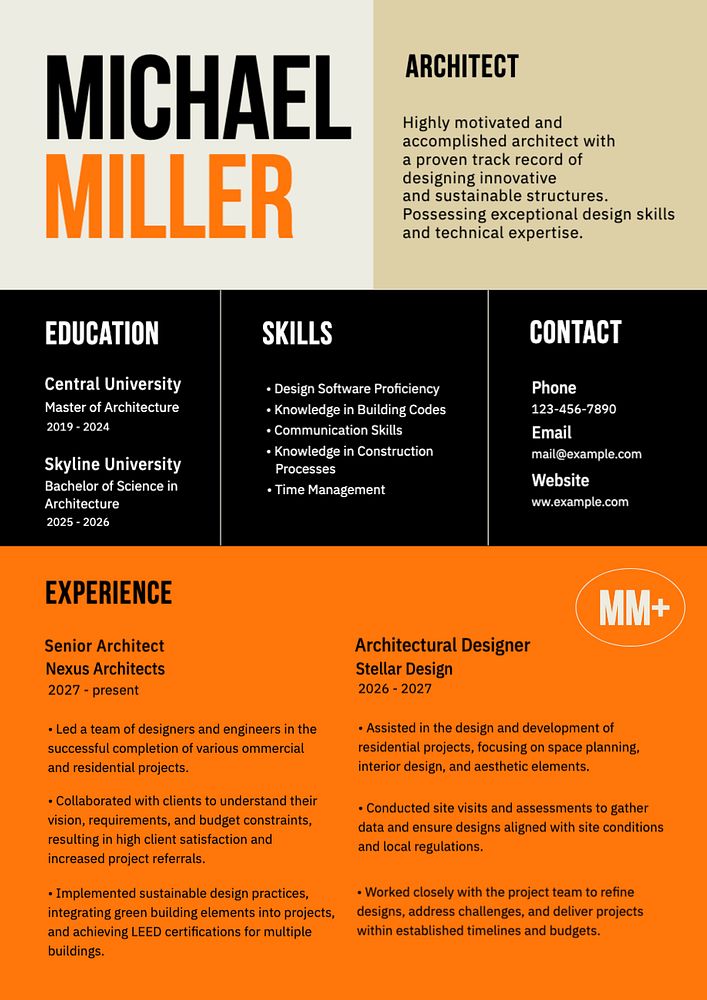 Architect resume template, editable design