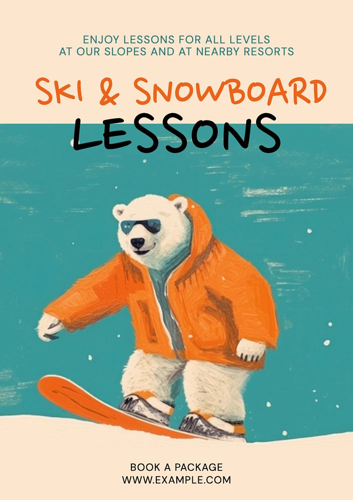 Ski & snowboard lessons poster template, editable text and design