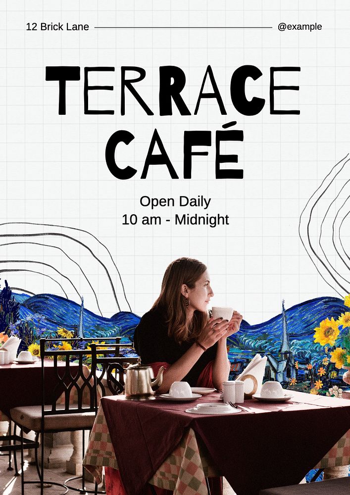 Terrace cafe poster template, editable text and design