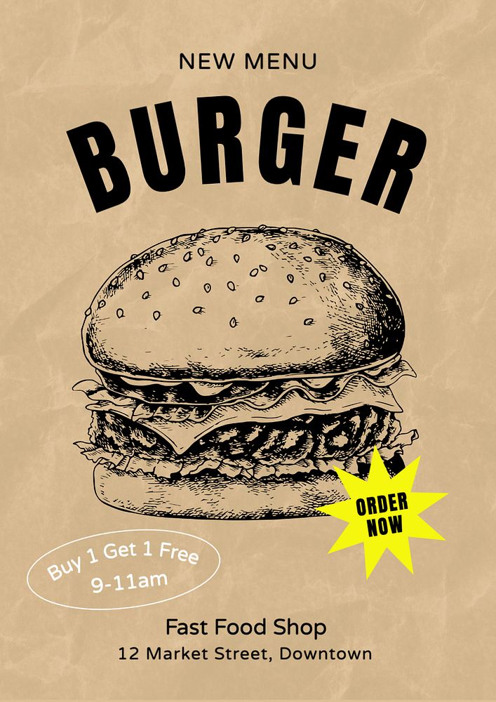 New menu, burger poster template, editable text and design