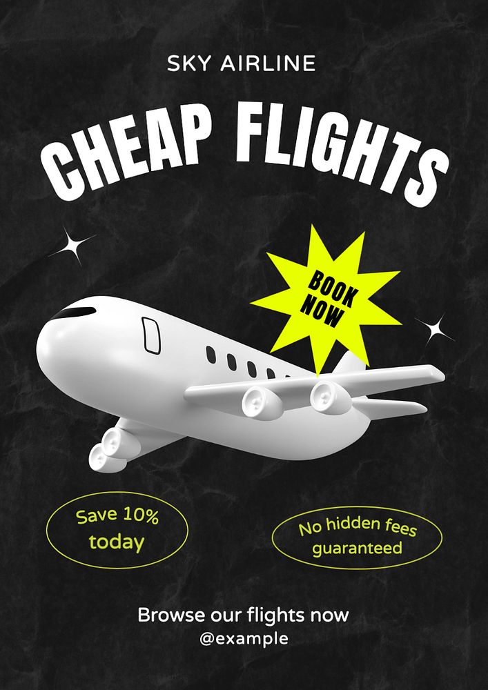 Cheap flights poster template, editable text and design