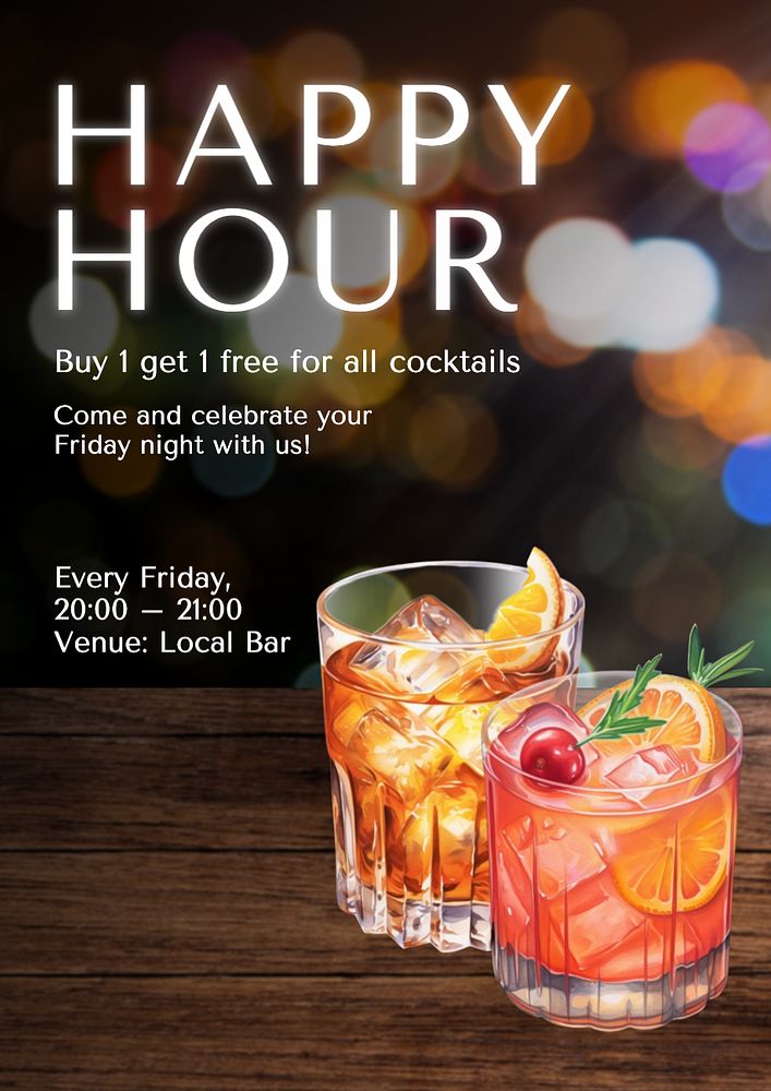 Happy hour poster template, editable text and design