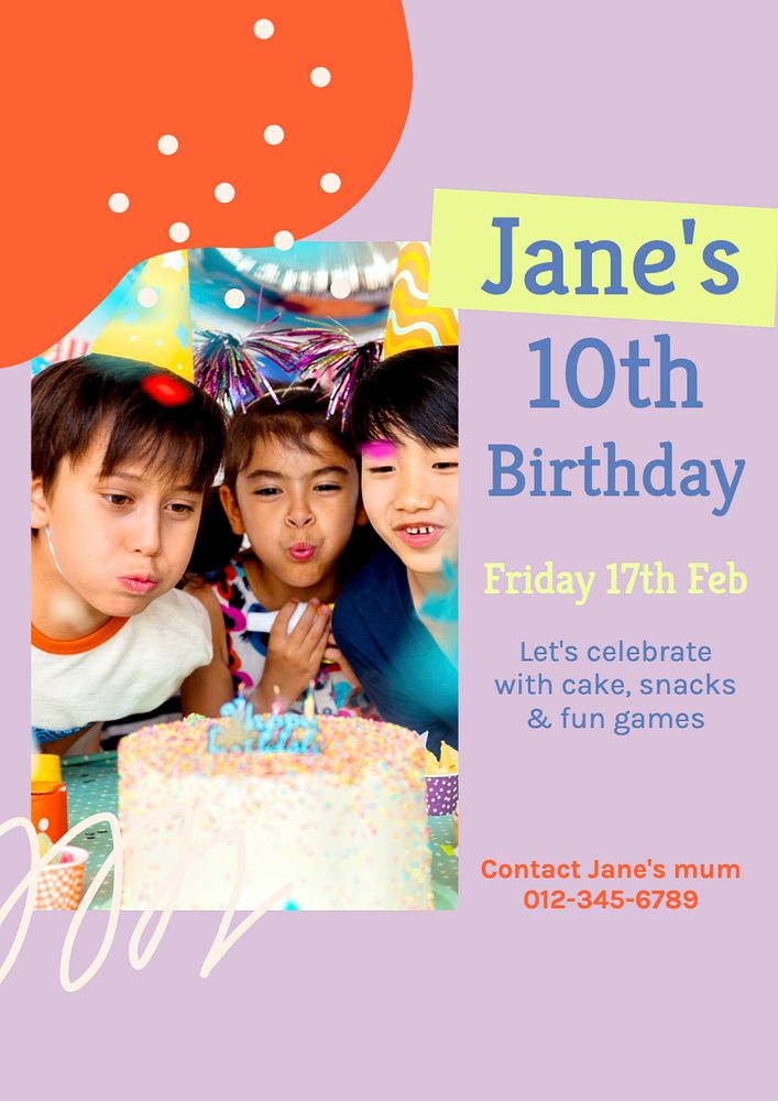 Kids birthday  poster template, editable text and design