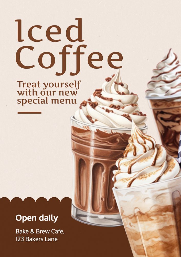 Iced coffee poster template, editable text and design