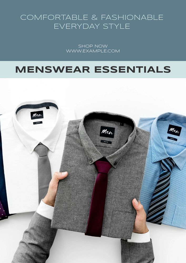 Men's wear essentials  poster template, editable text and design