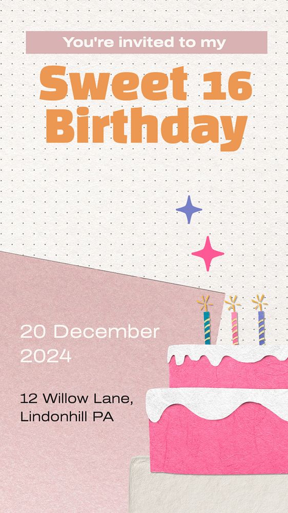 Sweet sixteen birthday  Instagram story template, editable text