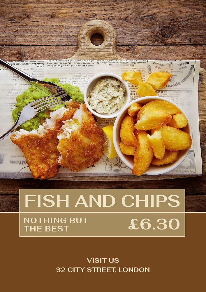 Fish and chips  poster template, editable text and design