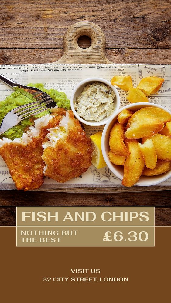 Fish and chips  Instagram story template, editable text