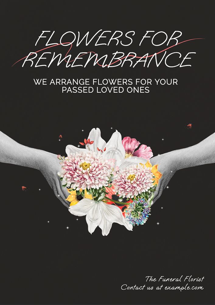 Funeral flowers poster template, editable text and design