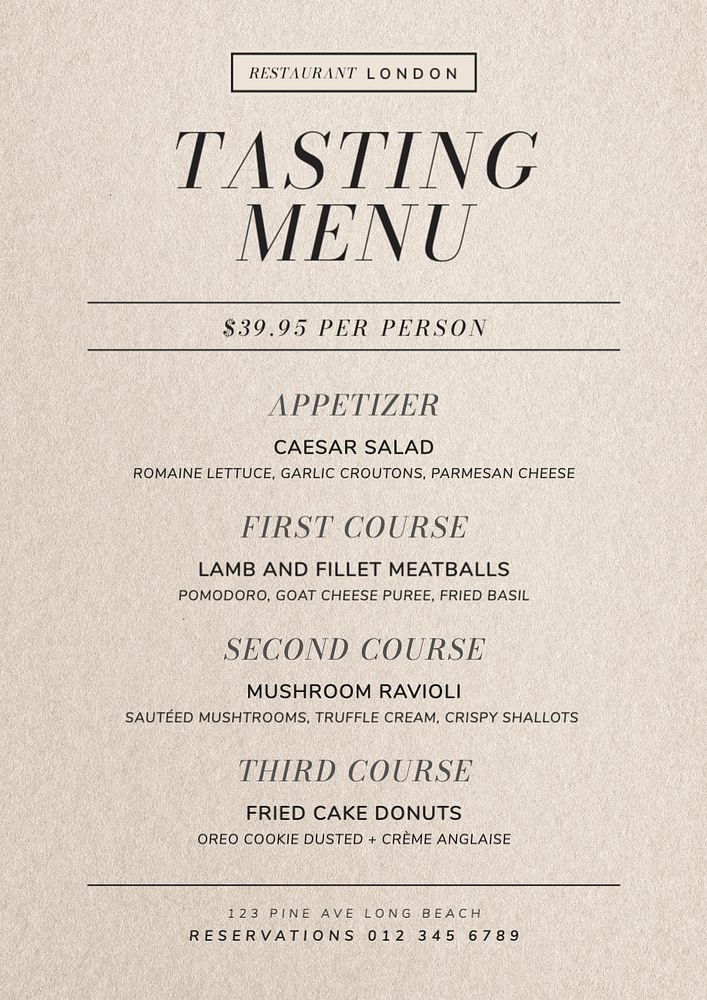 Tasting menu template, editable text and design