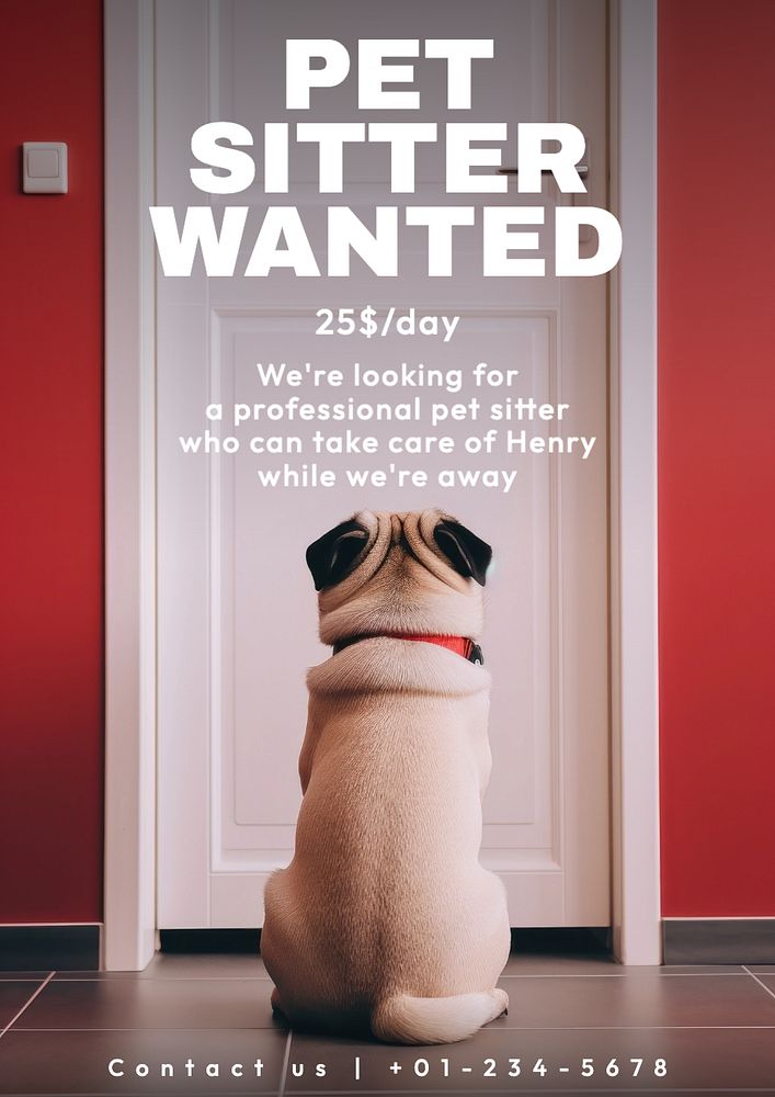 Pet sitter wanted poster template, editable text and design