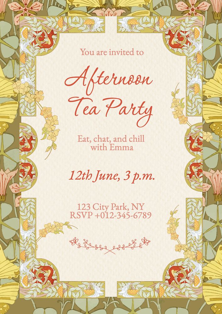 Tea party invitation poster template, editable text and design