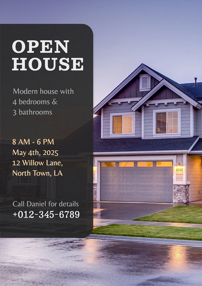 Open house day poster template, editable text and design