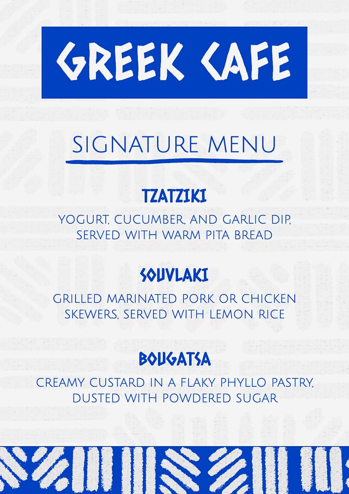 Signature menu template, editable text and design