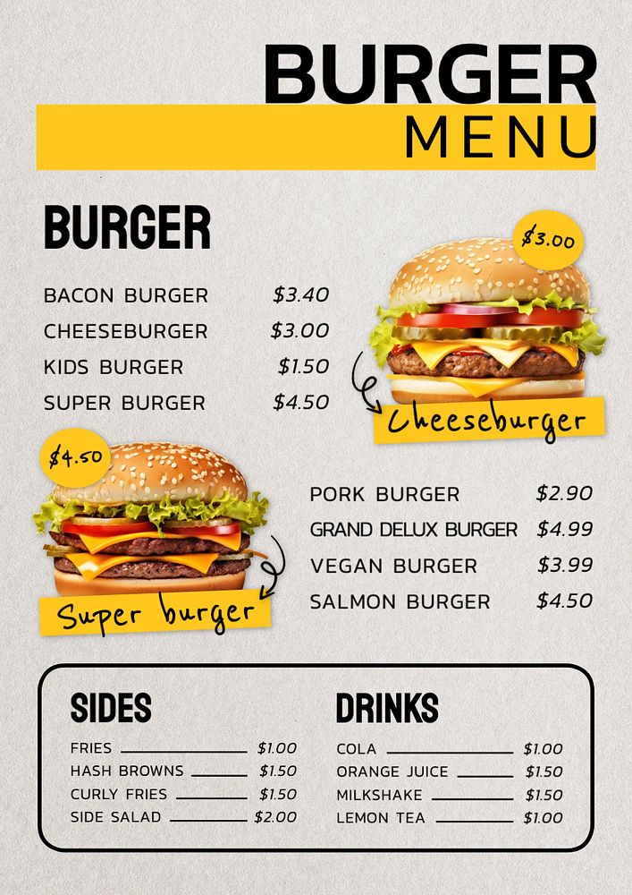 Burger menu template, editable text and design