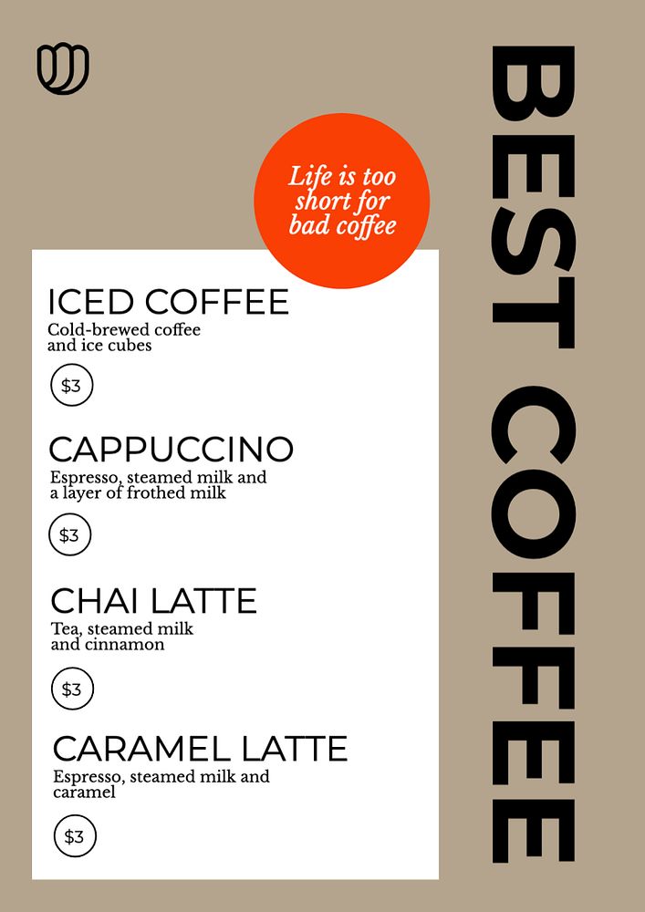 Coffee menu template, editable text and design