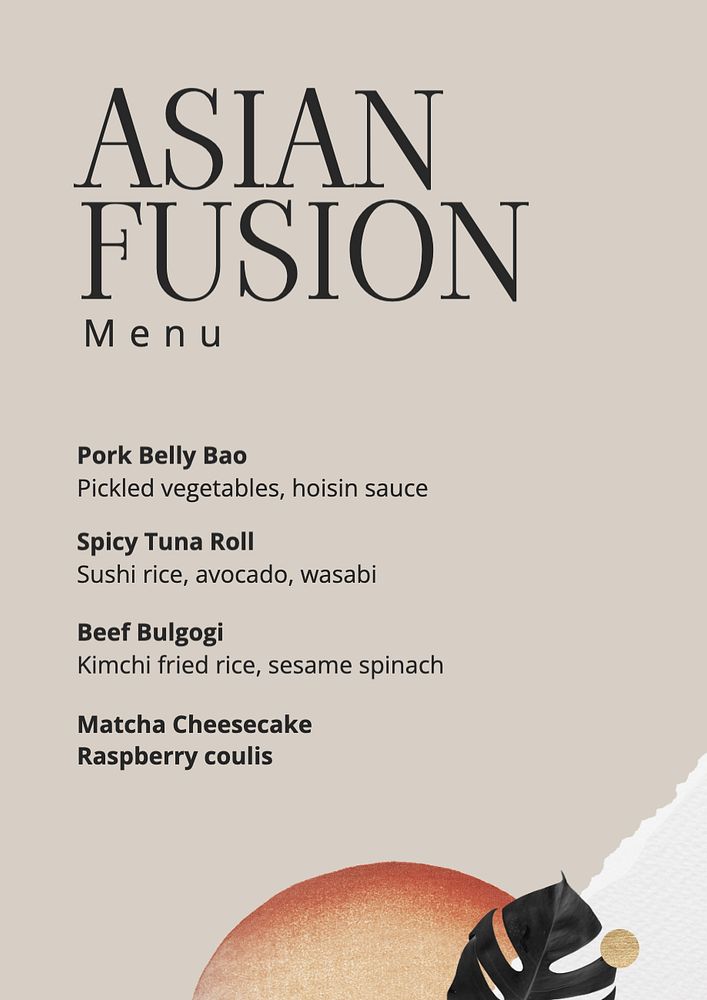 Asian fusion tasting menu poster template, editable text and design