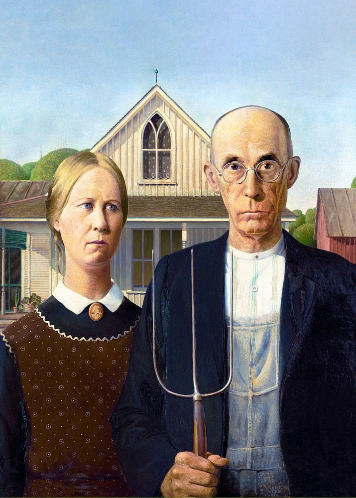 Grant Wood's editable American Gothic, famous painting. Original from Wikimedia Commons. Remastered by rawpixel.