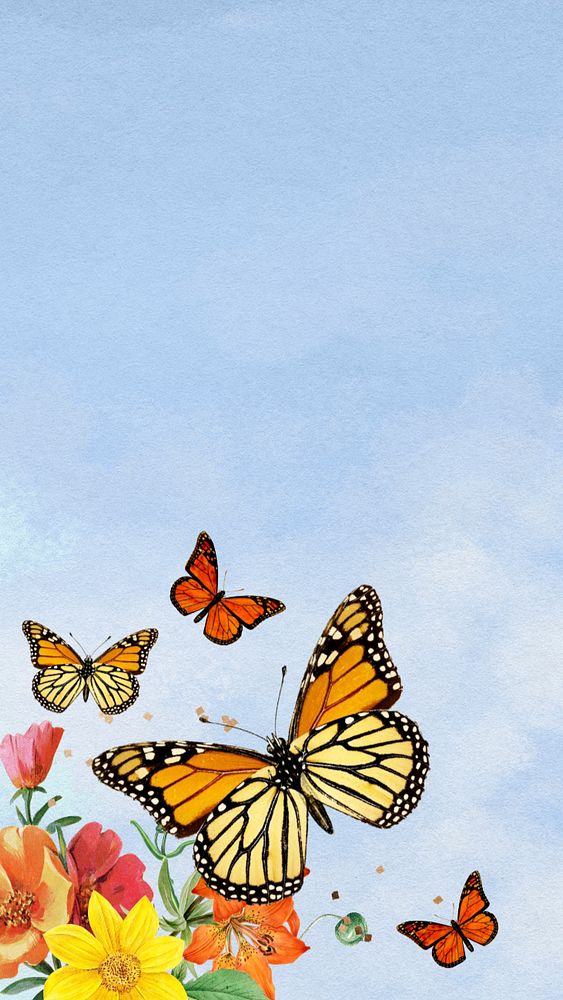 Blue sky iPhone wallpaper, colorful butterfly border, editable design