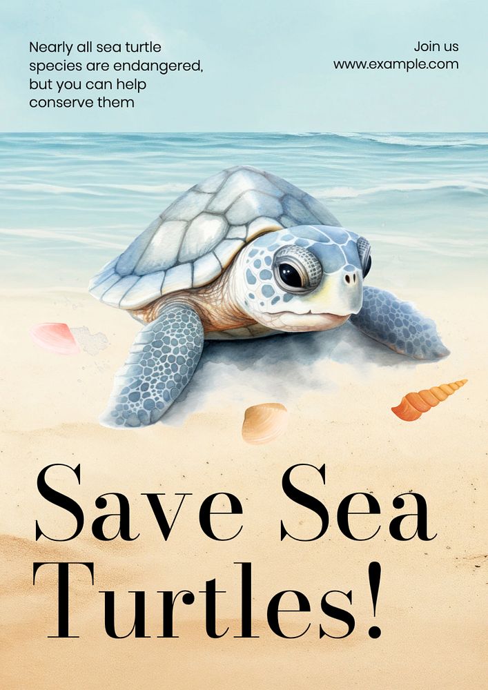 Save sea turtles poster template, editable text and design