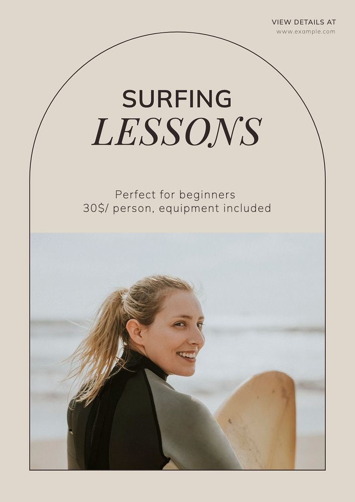 Surfing lessons poster template, editable text and design