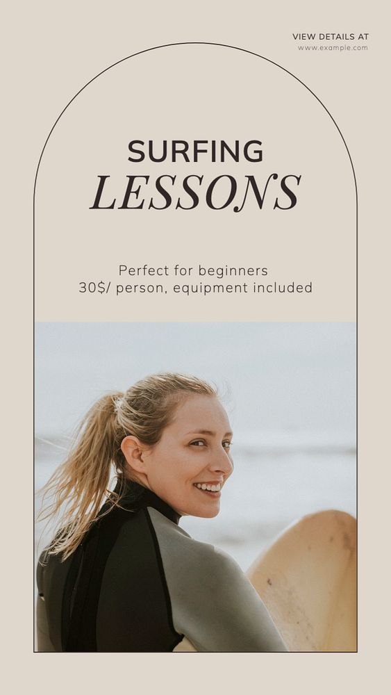 Surfing lessons Instagram story template, editable text