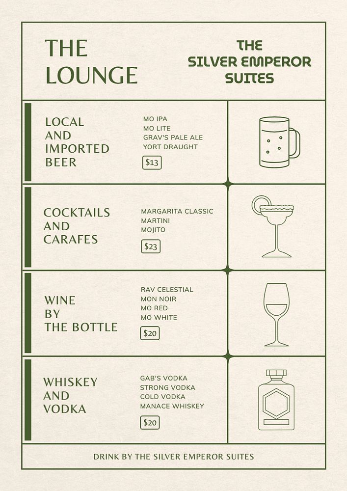 The lounge menu template, editable text and design