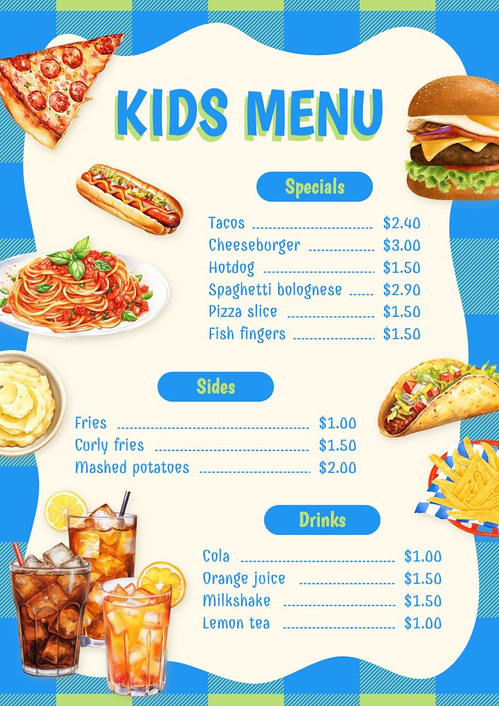 Kids menu template, editable text and design