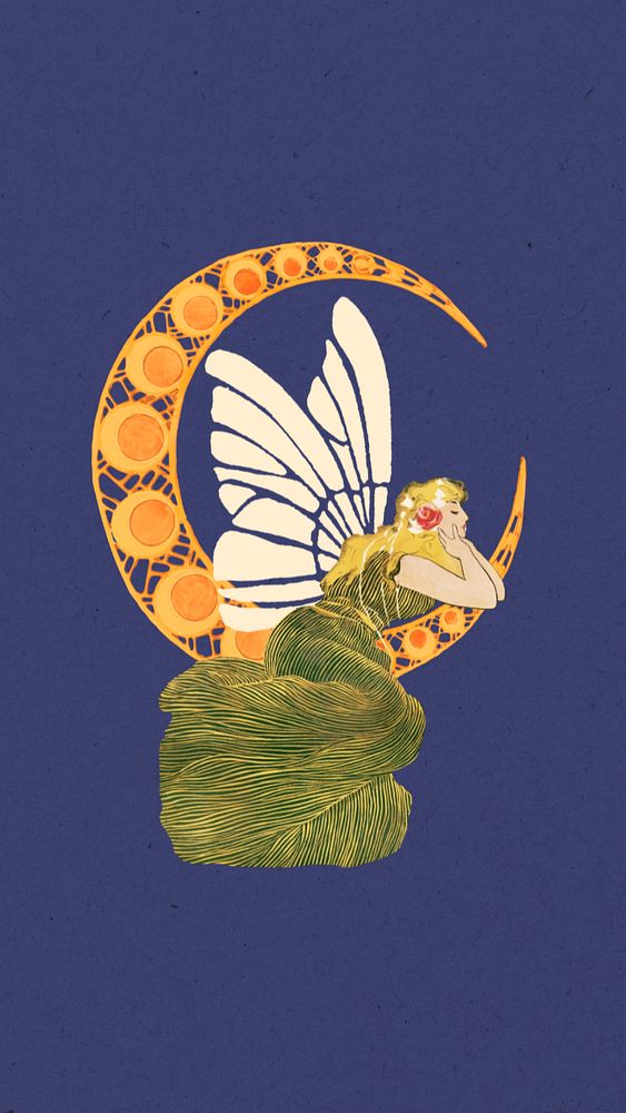 Butterfly fairy iPhone wallpaper, vintage art nouveau illustration. Remixed by rawpixel.