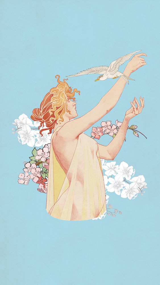 Woman and bird iPhone wallpaper, vintage illustration by Absinthe Robette. Remixed by rawpixel.