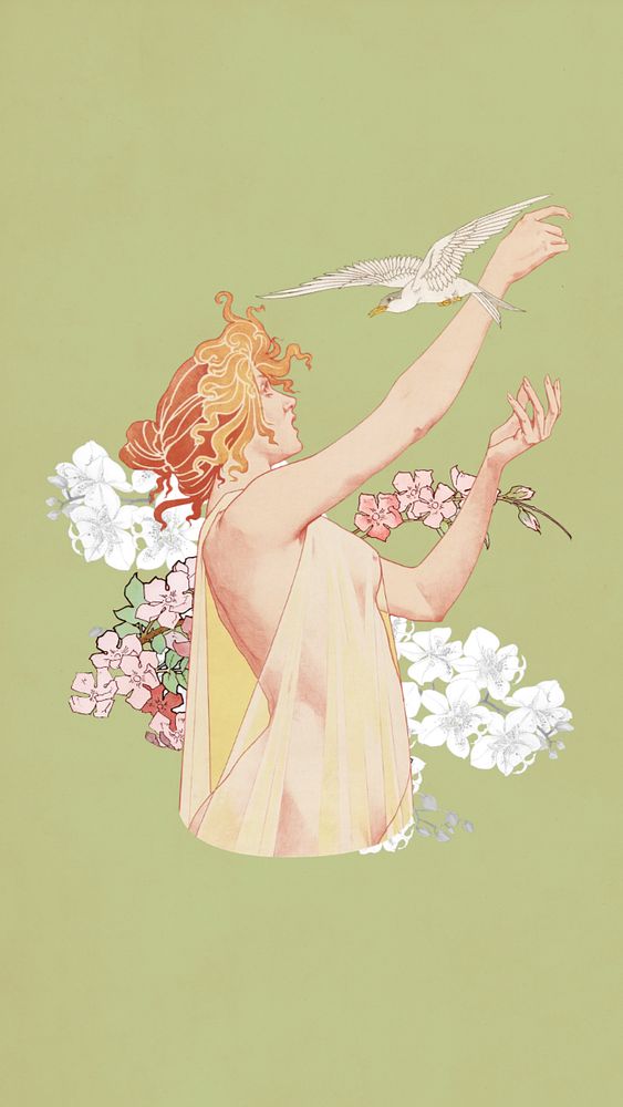 Woman and bird iPhone wallpaper, vintage illustration by Absinthe Robette. Remixed by rawpixel.