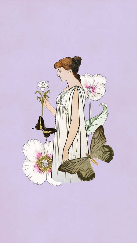 Woman holding flower iPhone wallpaper, vintage art nouveau illustration. Remixed by rawpixel.