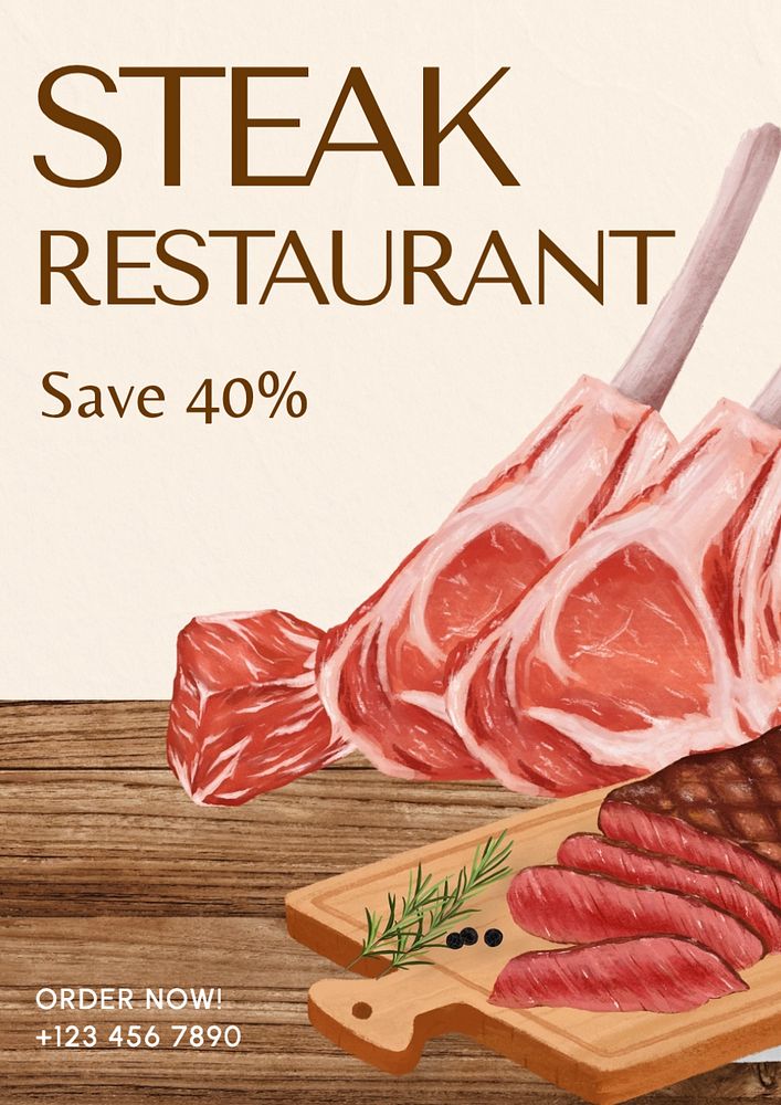 Steak restaurant poster template, editable text and design