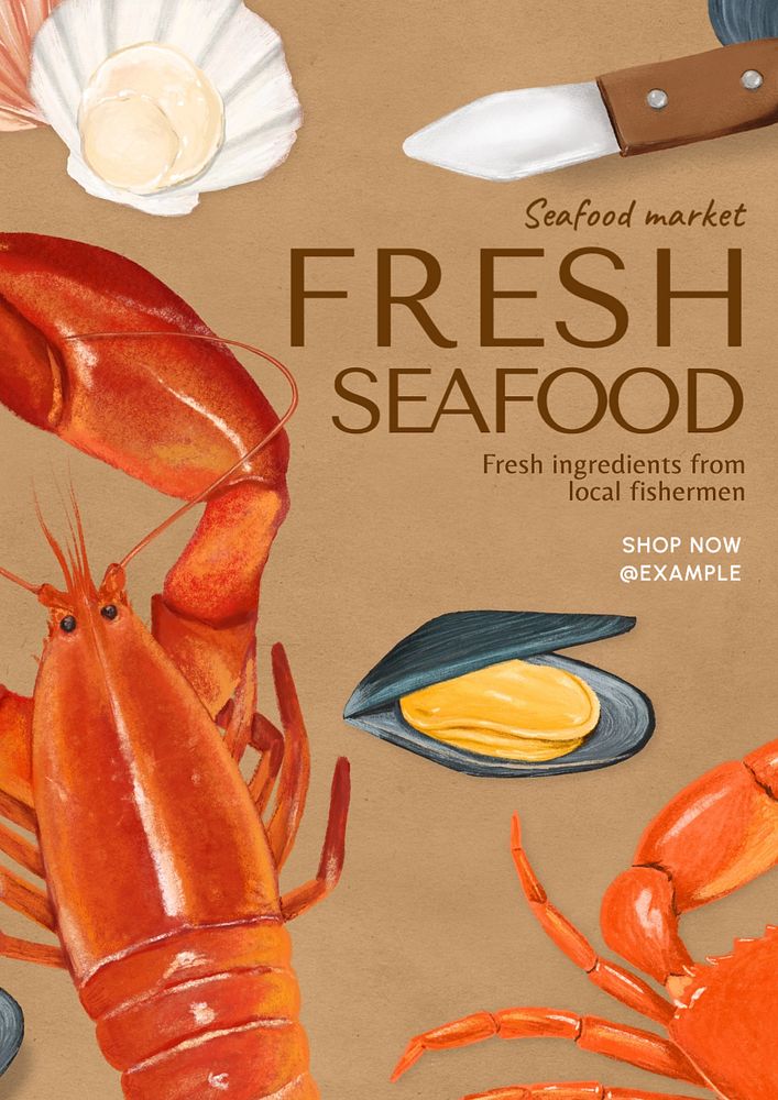 Fresh seafood poster template, editable text and design