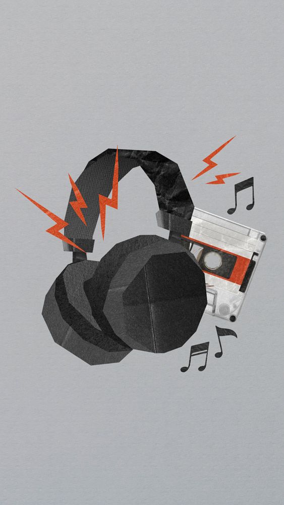 Headphones and cassette tape iPhone wallpaper, music remix, editable design