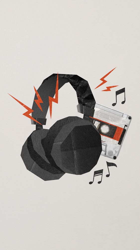 Headphones and cassette tape iPhone wallpaper, music remix, editable design