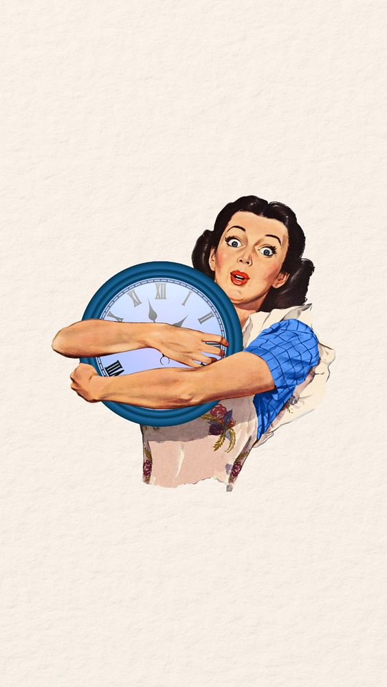 Time management iPhone wallpaper, woman holding clock editable design