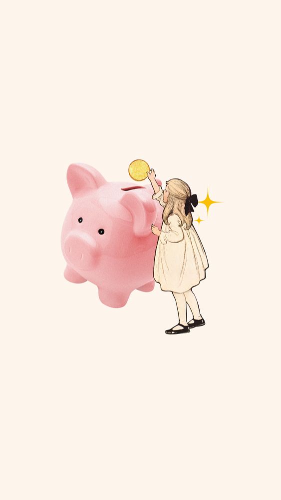 Piggy bank finance iPhone wallpaper, vintage girl editable design