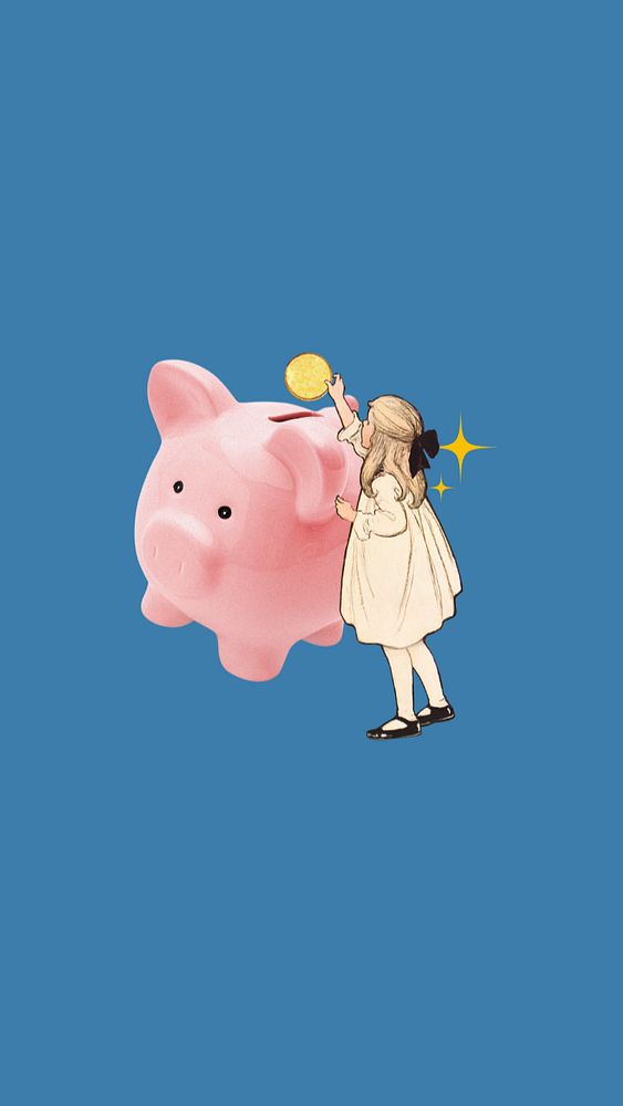 Piggy bank finance iPhone wallpaper, vintage girl editable design