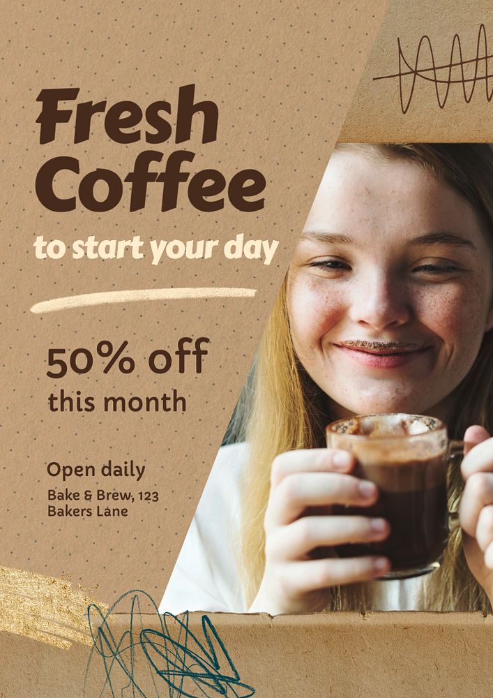 Fresh coffee poster template, editable text and design