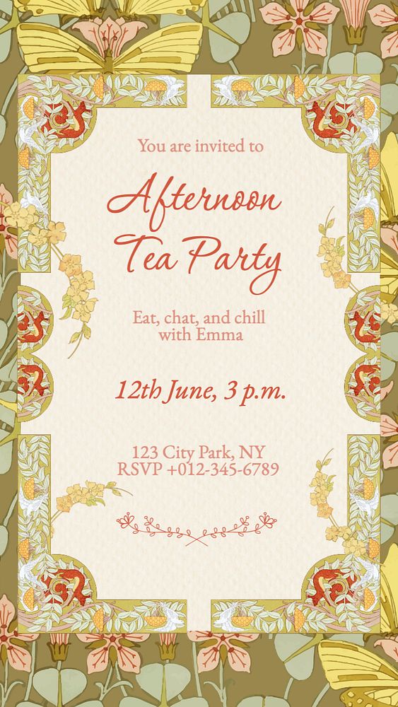 Tea party invitation Instagram story template, editable text