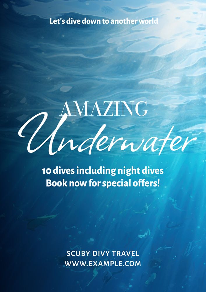 Underwater, diving trip poster template, editable text and design