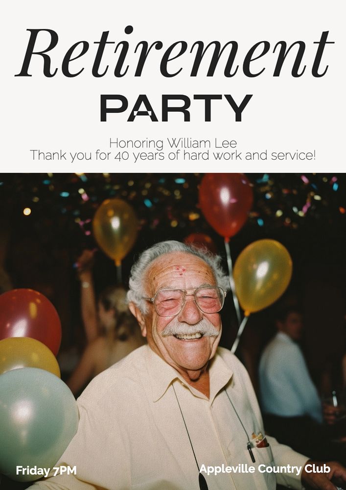 Retirement party poster template, editable text and design