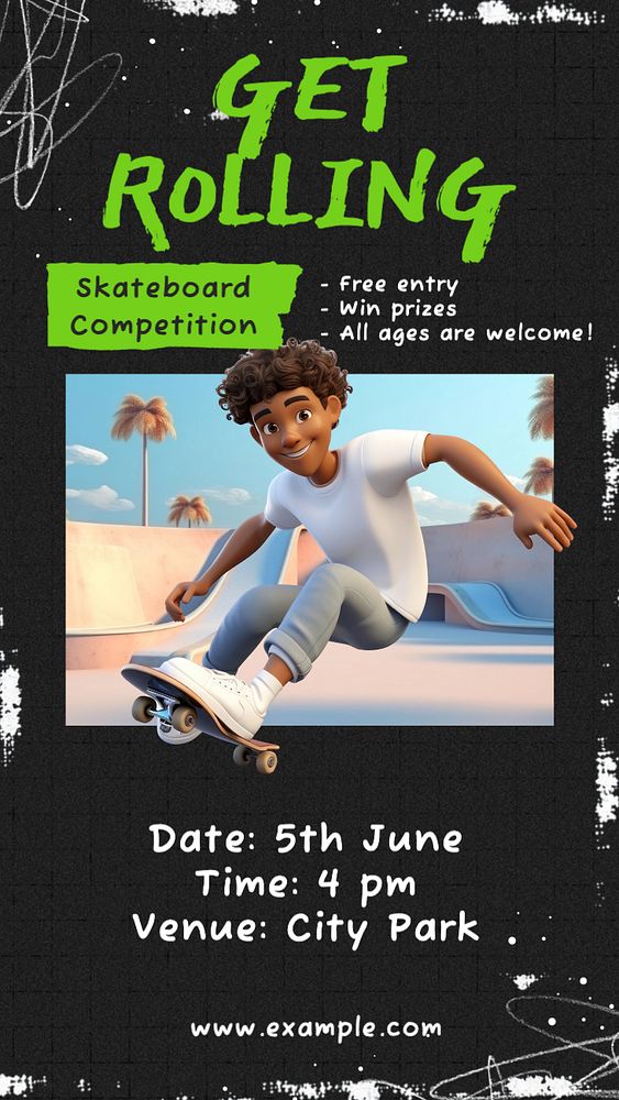 Skateboard competition Facebook story template, editable design