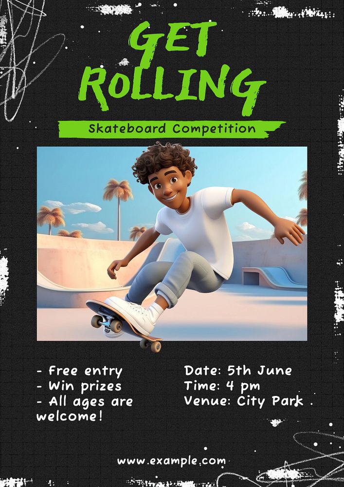 Skateboard competition poster template, editable text and design